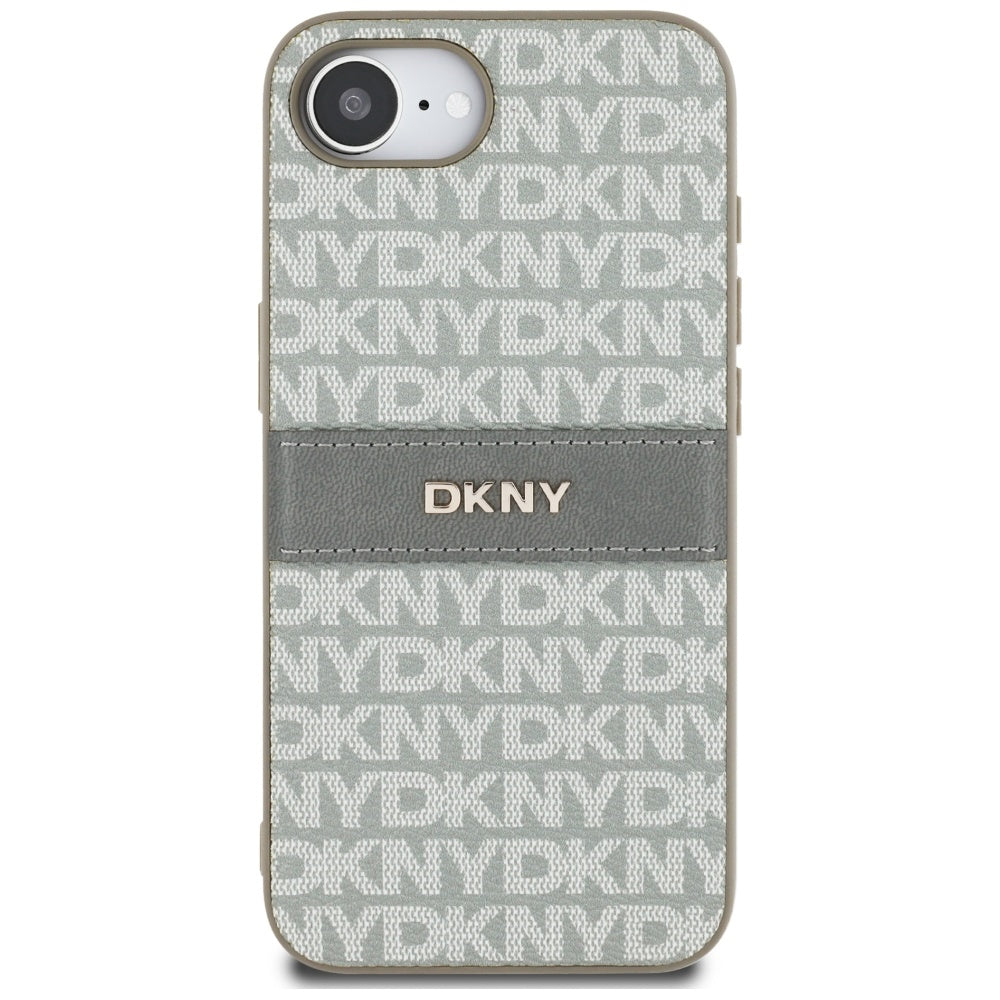 DKNY iPhone 16e - Repeat Texture Pattern with Tonal Stripe - Σκληρή Θήκη με Πλαίσιο Σιλικόνης και Επένδυση Συνθετικού Δέρματος - Beige