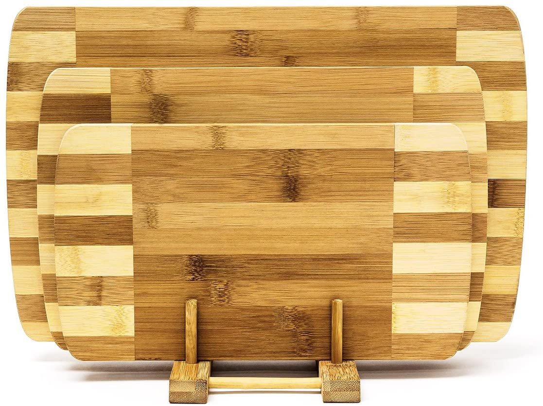 Relaxdays Σετ με 3 Σανίδες Κοπής από Μπαμπού με Βάση - Brown / Light Brown - 4052025188771