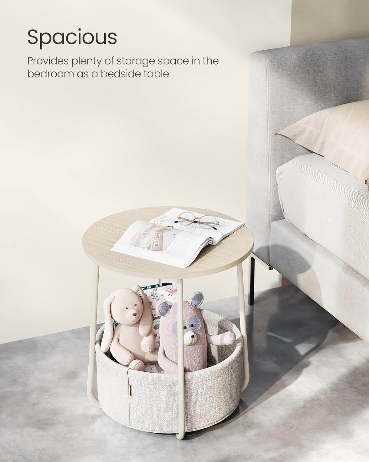 Vasagle Στρόγγυλο Βοηθητικό Τραπέζι με Υφασμάτινο Καλάθι Αποθήκευσης - Cream White - LET223K67