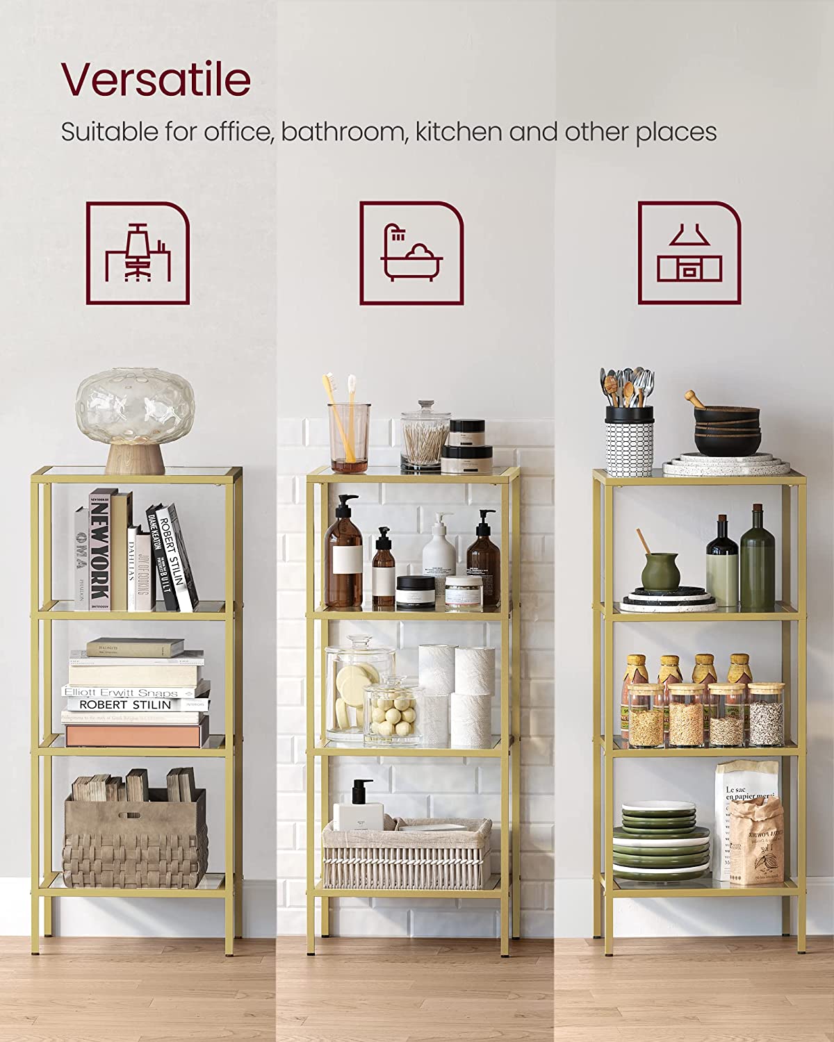 Vasagle Ραφιέρα από Γυαλί με 4 Ράφια - 40 x 30 x 95 cm - ‎Gold - LGT28G