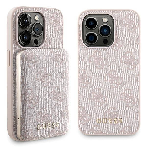 Guess iPhone 15 Pro - 4G Metal Logo Σετ MagSafe Σκληρή Θήκη με Επένδυση Συνθετικού Δέρματος και Powerbank 5000mAh - Pink - GUBPM5P15L4GEMGP