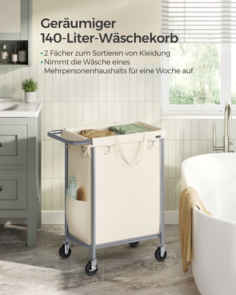 Songmics Τροχήλατο Καλάθι Απλύτων με 2 Χωρίσματα - 140L - Cream White - RLS004W01