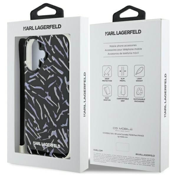 Karl Lagerfeld iPhone 16 - Zebra with Cord - Σκληρή Θήκη με Πλαίσιο Σιλικόνης και Λουράκι - Purple - KLHCP16SHZBPKCCU