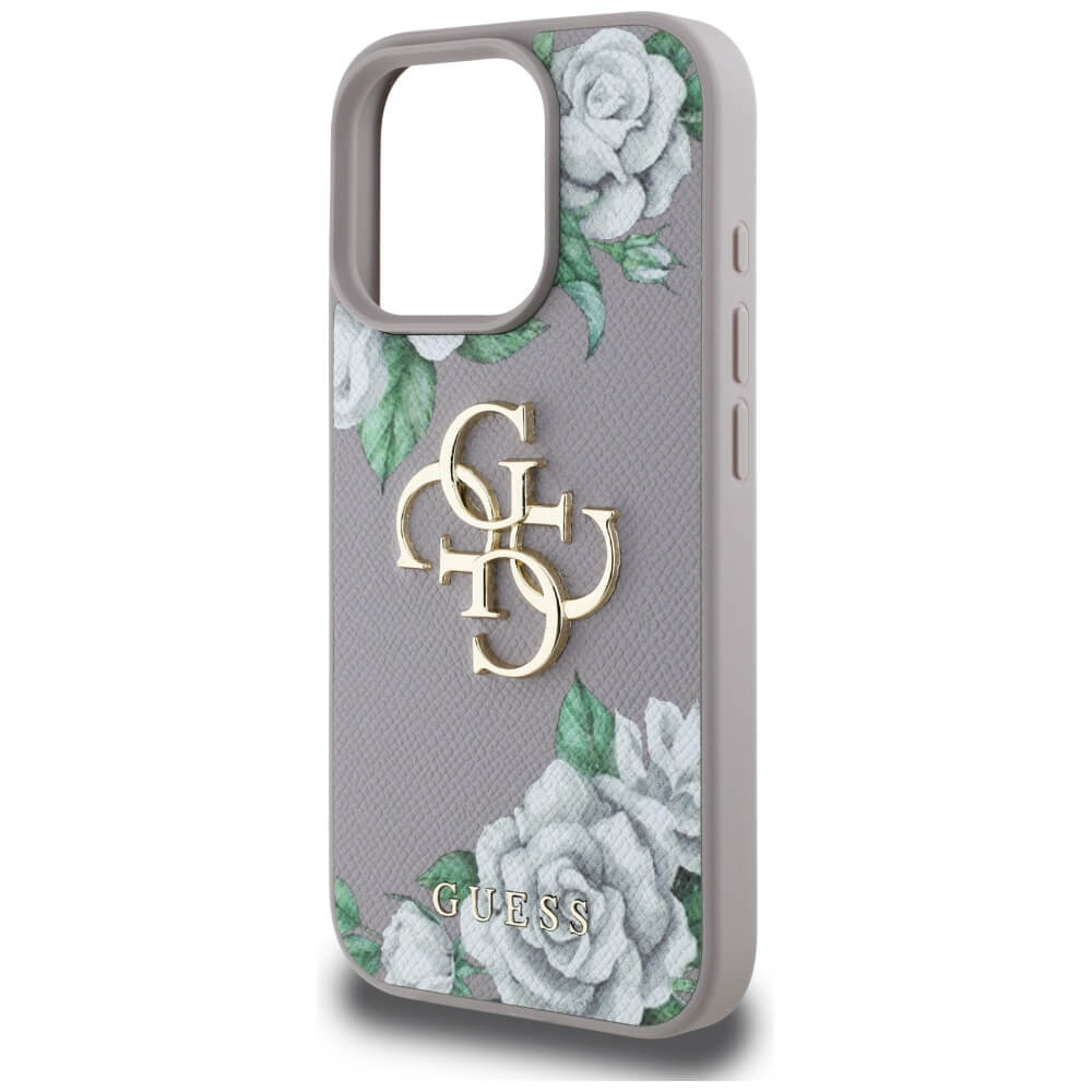 Guess iPhone 16 Pro - Grained Roses Big 4G Logo - Σκληρή Θήκη με Επένδυση από Οικολογικό Δέρμα - Purple - GUHCP16LPGROP4MU