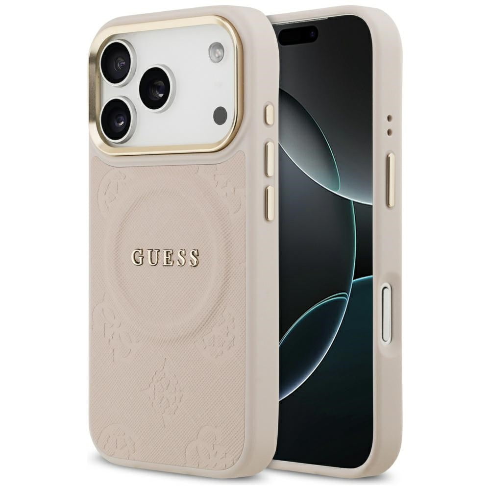 Guess iPhone 17 Pro - Peony Hot Stamp MagSafe - Σκληρή Θήκη με Επένδυση Συνθετικού Δέρματος - Pink - GUHMP17LPSAMSECP