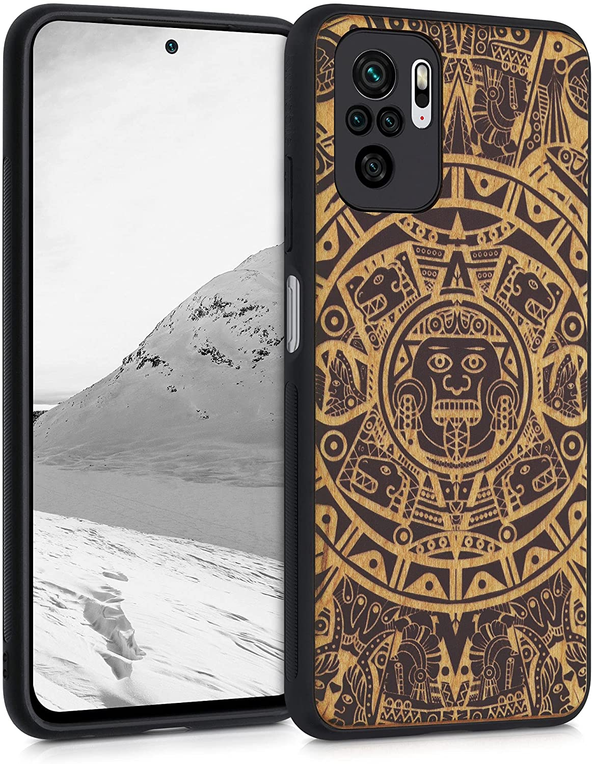 KW Xiaomi Redmi Note 10 / Note 10s / Poco M5s Θήκη από Φυσικό Ξύλο - Design Maya Calendar Art - Light Brown / Black - 54548.02