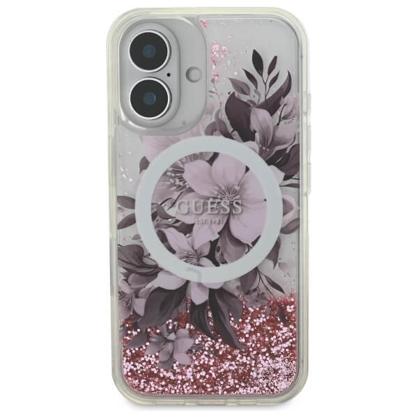 Guess iPhone 16 - Liquid Glitter Flower MagSafe - Σκληρή Θήκη με Πλαίσιο Σιλικόνης - Pink - GUHMP16SLFMWTP