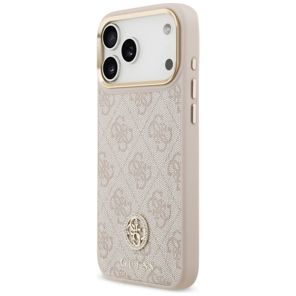 Guess iPhone 17 Pro Max - 4G Strass Logo and Big Strap Metal Buttons MagSafe - Θήκη με Επένδυση Συνθετικού Δέρματος και Λουράκι - Pink - GUHMP17XP4G4DCSP