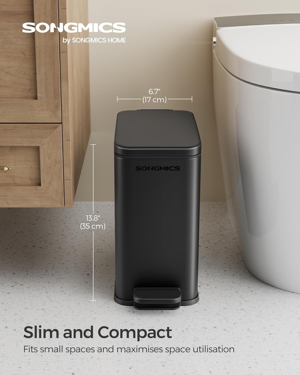 Songmics Κάδος Απορριμμάτων για το Μπάνιο - 10L - Black - LTB561B10