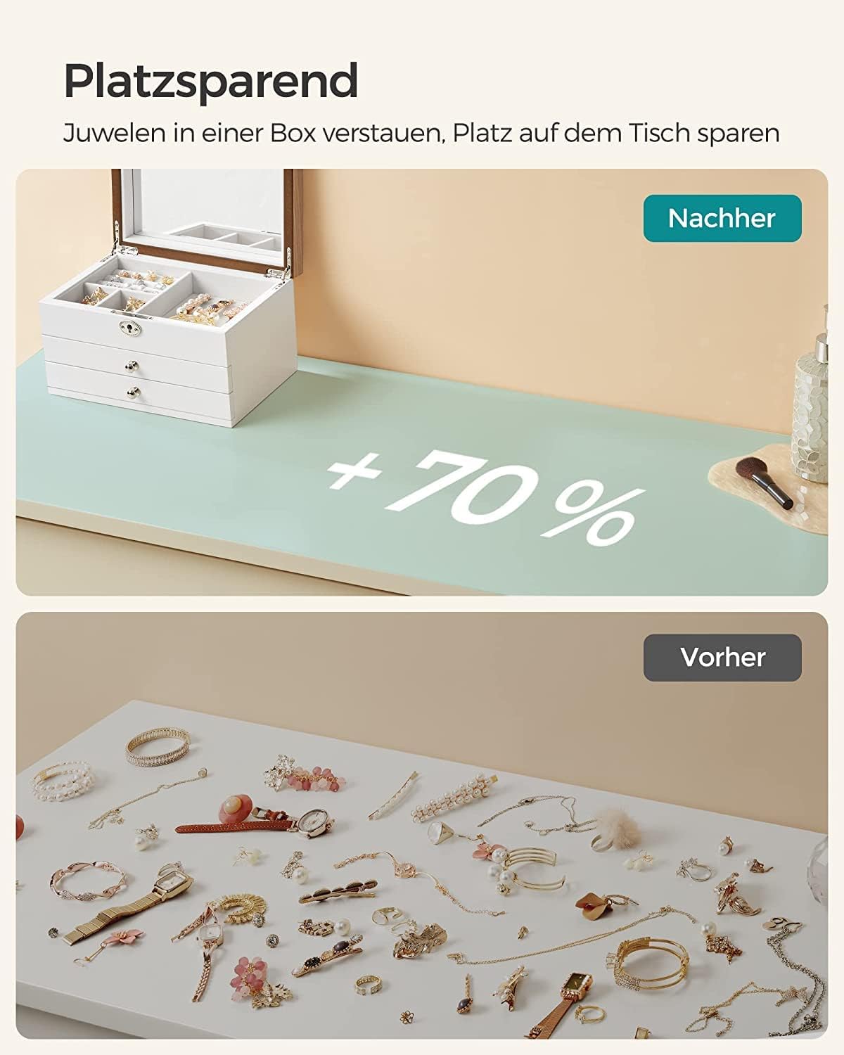 Songmics Ξύλινο Κουτί Αποθήκευσης Κοσμημάτων με 3 Επίπεδα - ‎24,5 x 17 x 14,5 cm - White / Natural - JOW15WNV1