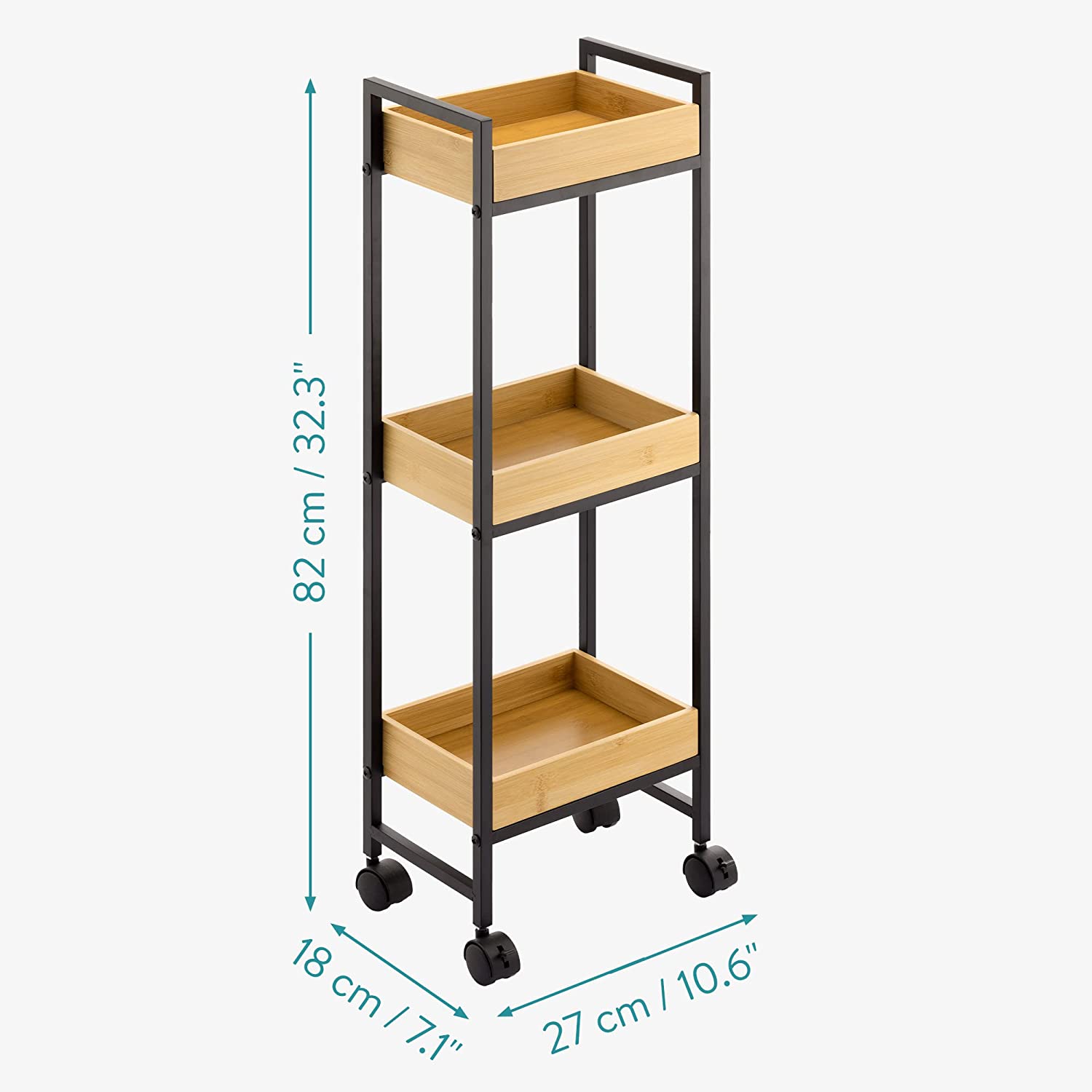 Navaris Τρόλεϊ Αποθήκευσης με 3 Ράφια από Μπαμπού - 27 x 18 x 82 cm - Natural / Black - 57558.01