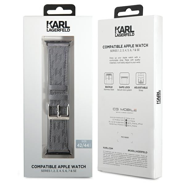 Karl Lagerfeld Λουράκι Apple Watch 2 / 3 / 4 / 5 / 6 / 7 / 8 / 9 / SE / ULTRA 1 / ULTRA 2 - 42 / 44 / 45 / 49 mm Saffiano Monogram από Συνθετικό Δέρμα - Silver - KLAWLSAKLHPG