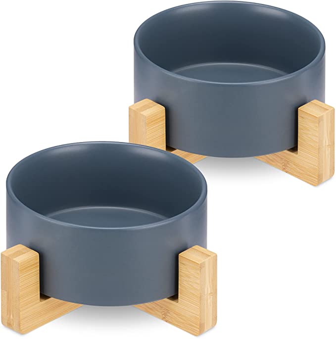 Navaris Cat Bowls with Wood Stands - Σετ με 2 Μπολ Φαγητού και Νερού με Βάση από Μπαμπού για Κατοικίδια - 850ml - Matte Blue / Brown - 48350.04