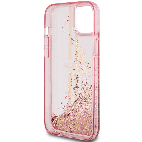 Guess iPhone 15 Plus Liquid Glitter Gold Stripes Σκληρή Θήκη με Πλαίσιο Σιλικόνης - Pink - GUHCP15MLFCSEGP