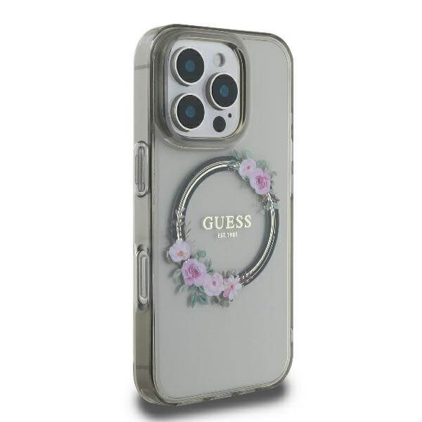 Guess iPhone 16 Pro Max - IML Flowers Wreath MagSafe - Σκληρή Θήκη με Πλαίσιο Σιλικόνης - Black - GUHMP16LHFWFCK