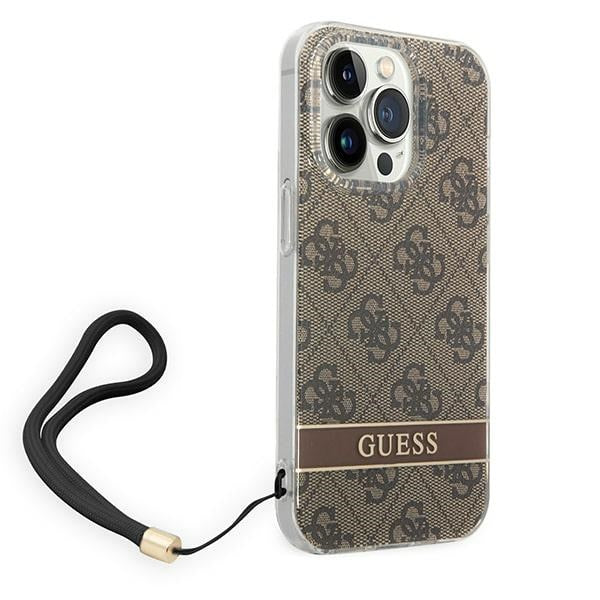 Guess iPhone 14 Pro Max 4G Print Strap Σκληρή Θήκη με Πλαίσιο Σιλικόνης και Λουράκι - Brown - GUOHCP14XH4STW
