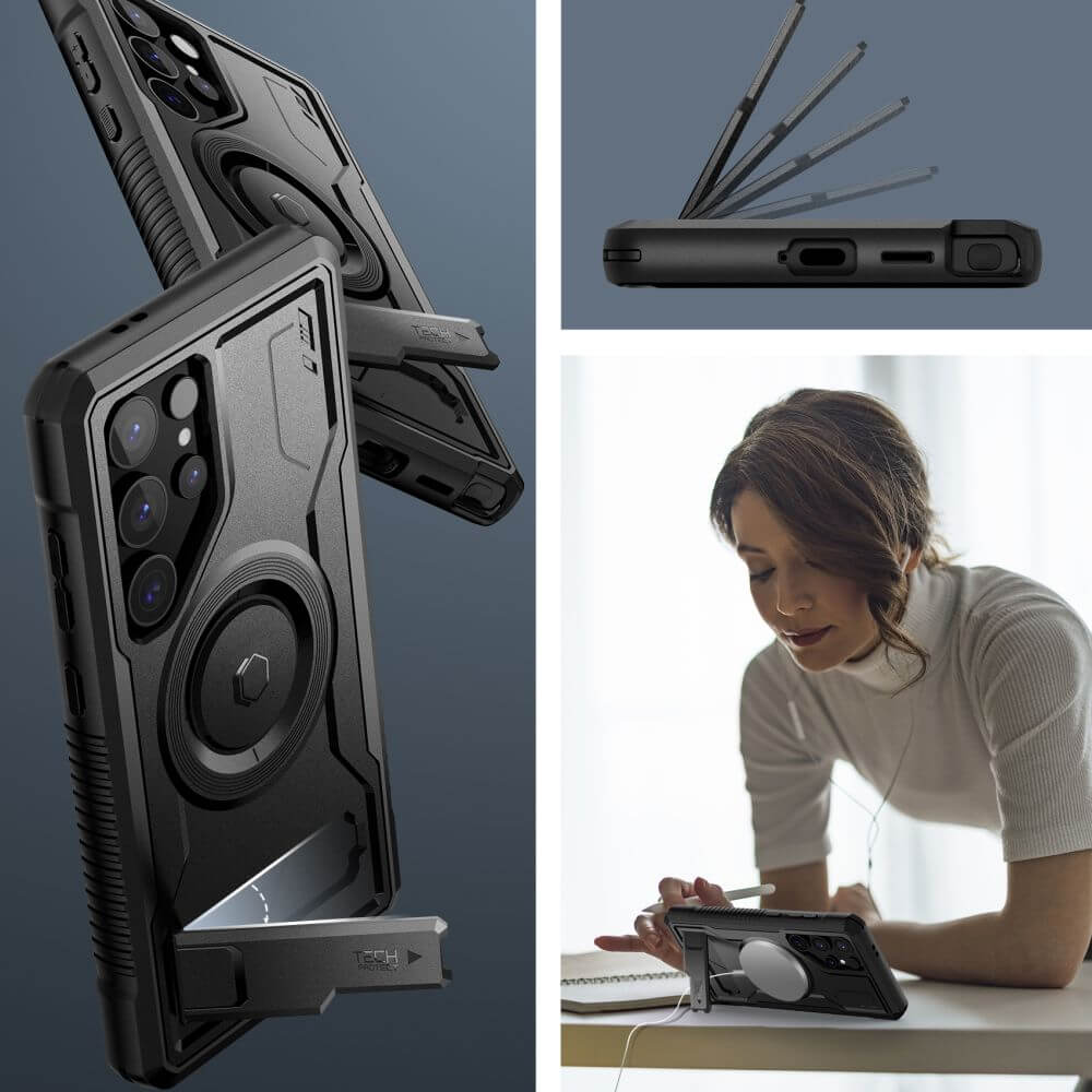 Tech-Protect Samsung Galaxy S24 Ultra Kevlar MagSafe+ Σκληρή Θήκη με Προστασία για την Οθόνη και Stand - Black