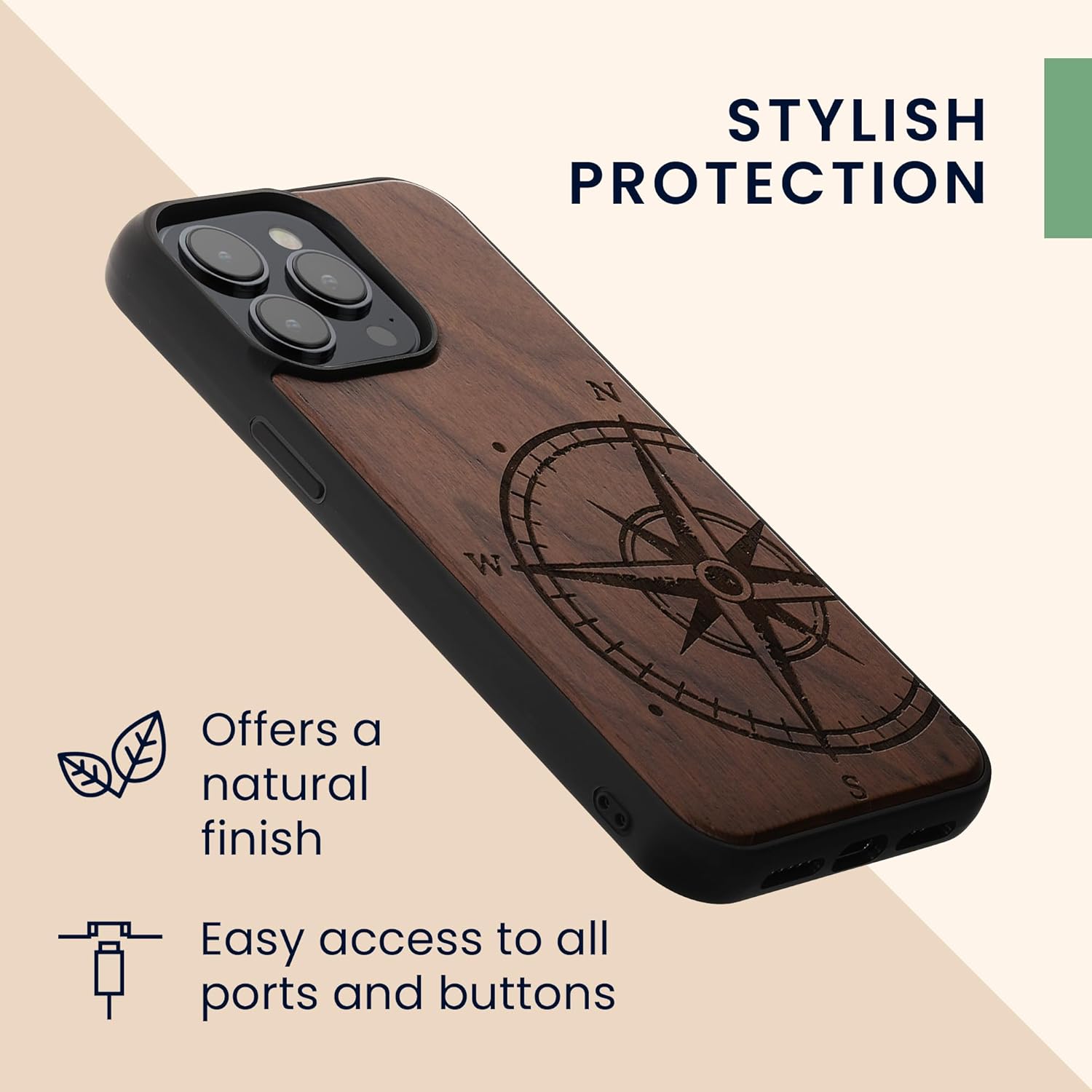 KW iPhone 15 Pro Max Θήκη από Φυσικό Ξύλο - Design Vintage Compass - Dark Brown