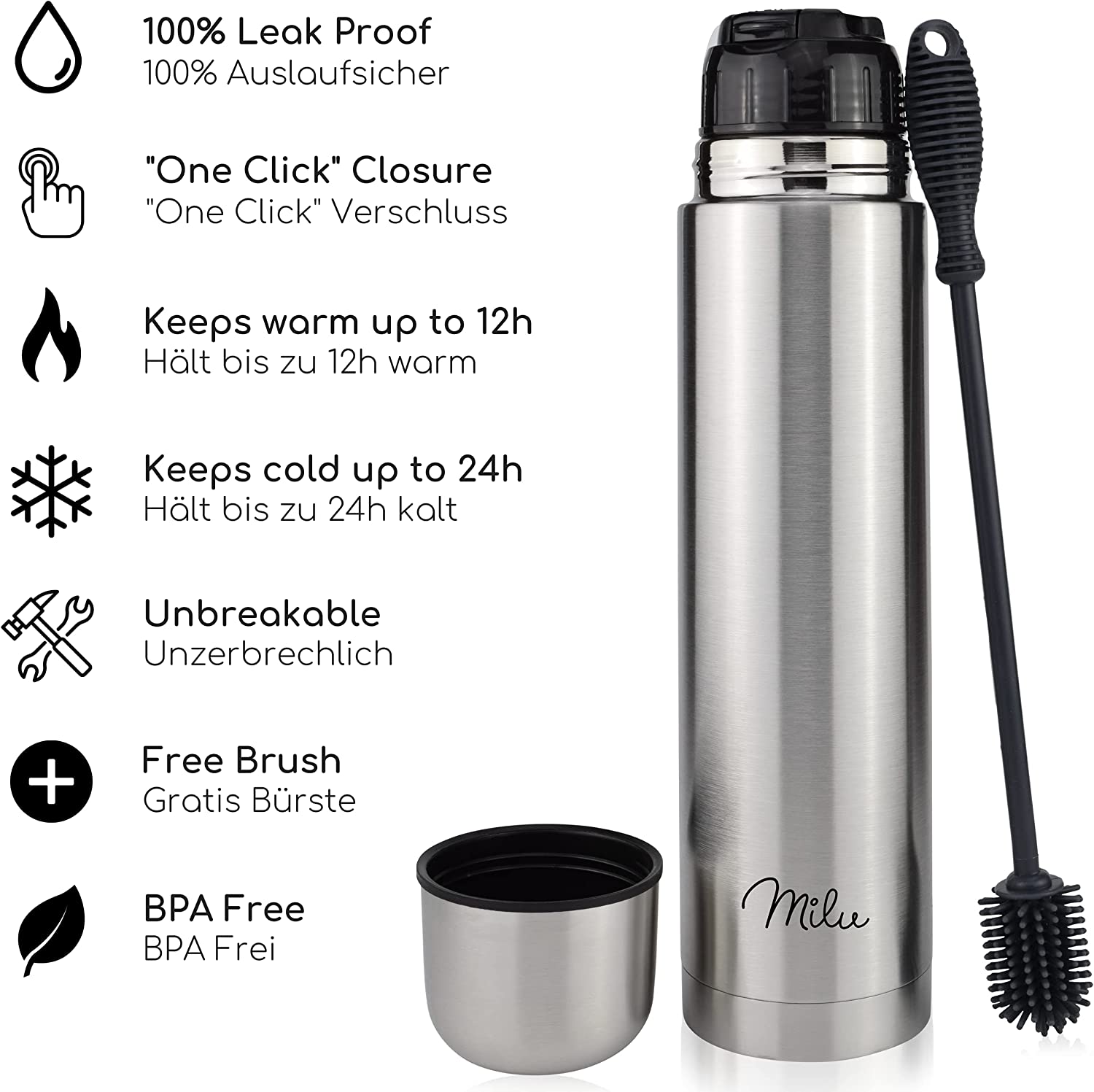 Milu T4 Μπουκάλι Θερμός Από Ανοξείδωτο Ατσάλι - 100% Στεγανό - 1000 ml - Silver - 6222