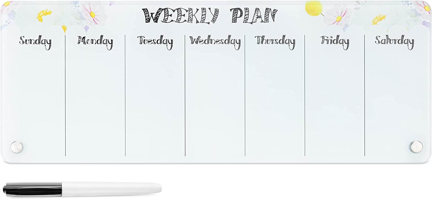 Navaris Επιτραπέζιος Εβδομαδιαίος Γυάλινος Πίνακας Χρονοδιαγράμματος - Design Flowers - White - 54819.02
