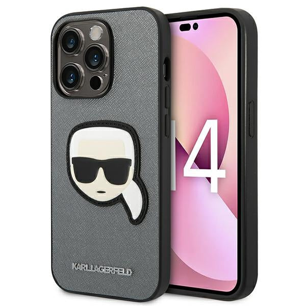 Karl Lagerfeld iPhone 14 Pro - Saffiano Karl's Head Patch Σκληρή Θήκη με Επένδυση Συνθετικού Δέρματος και Πλαίσιο Σιλικόνης - Silver - KLHCP14LSAPKHG