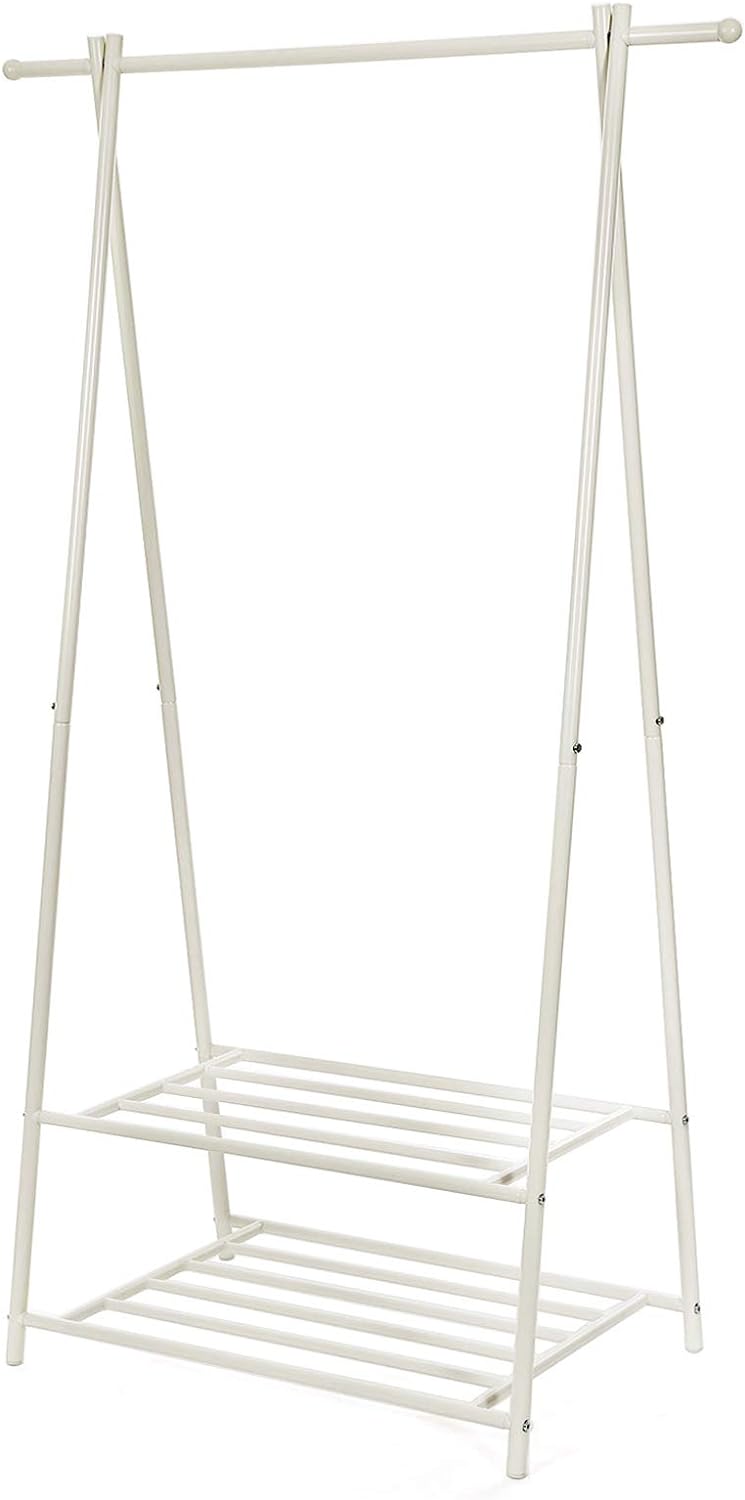 Songmics Επιδαπέδια Μεταλλική Κρεμάστρα - Ράγα Ρούχων με 2 Ράφια Παπουτσιών - White - HSR05W