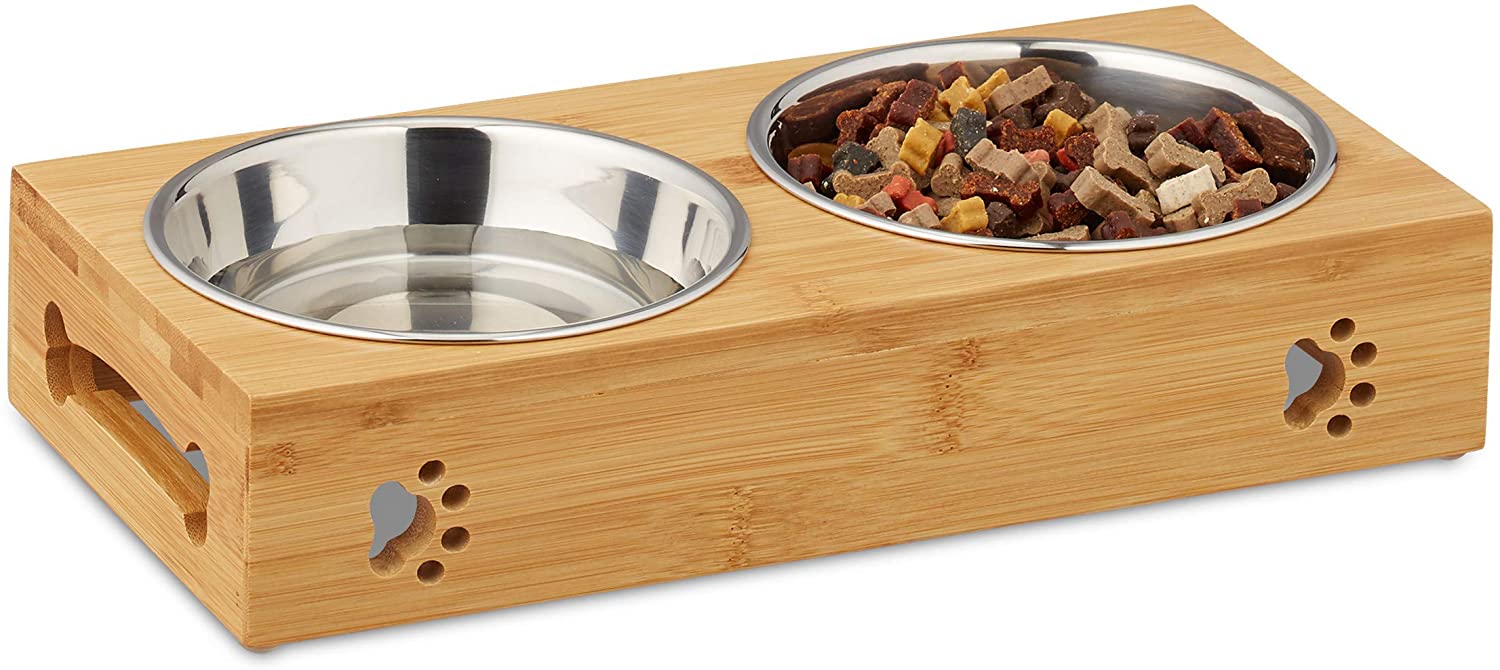 Relaxdays Ξύλινη Βάση από Μπαμπού με 2 Μπολ 300ml από Ανοξείδωτο Ατσάλι - Natural / Silver - 4052025288594