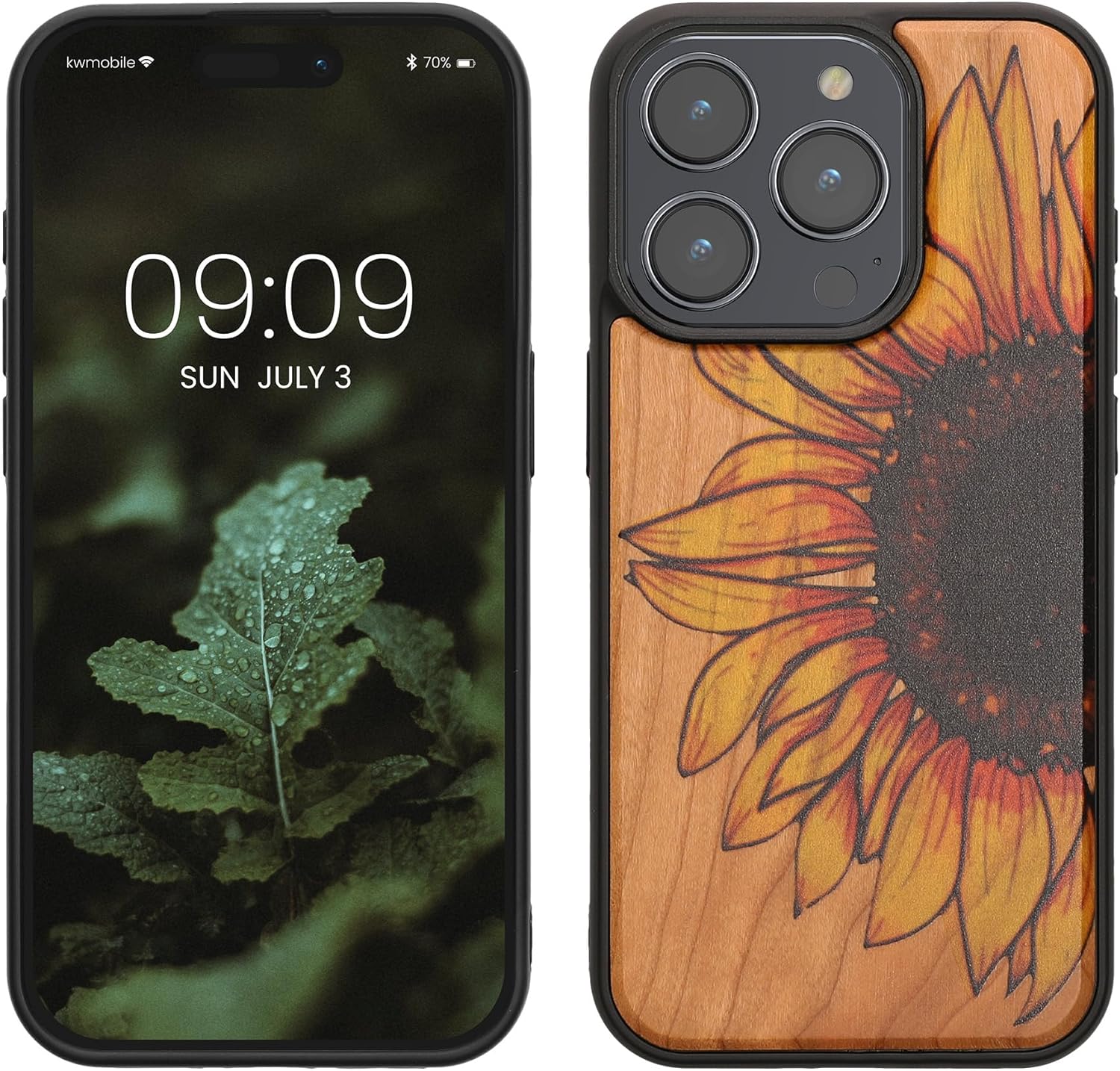 KW iPhone 15 Pro Θήκη από Φυσικό Ξύλο - Design Wood Sunflower - Yellow / Dark Brown / Light Brown