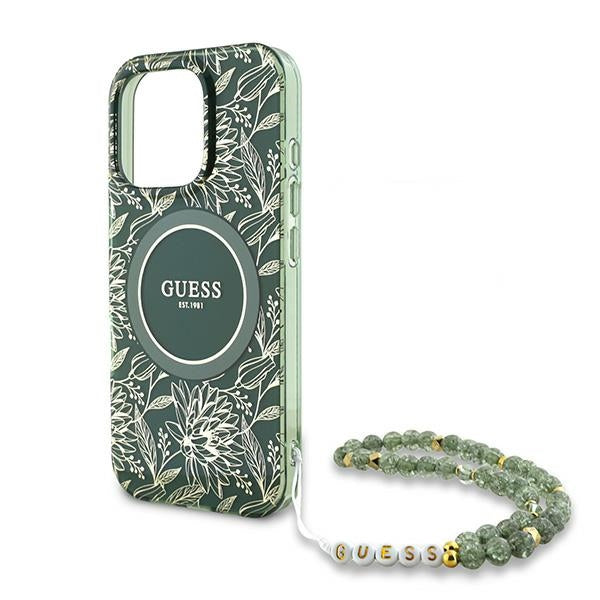 Guess iPhone 16 Pro - IML Flowers Allover Electro With Pearl Strap MagSafe - Σκληρή Θήκη με Πλαίσιο Σιλικόνης και Λουράκι - White / Green - GUHMP16LHCPOFPA