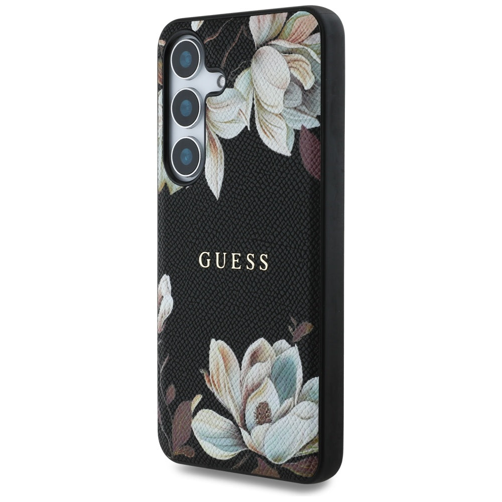 Guess Samsung Galaxy S25 - Grained Printed Flower Pattern - Θήκη με Επένδυση Συνθετικού Δέρματος και MagSafe - Black - GUHMS25SPGNMPLMK