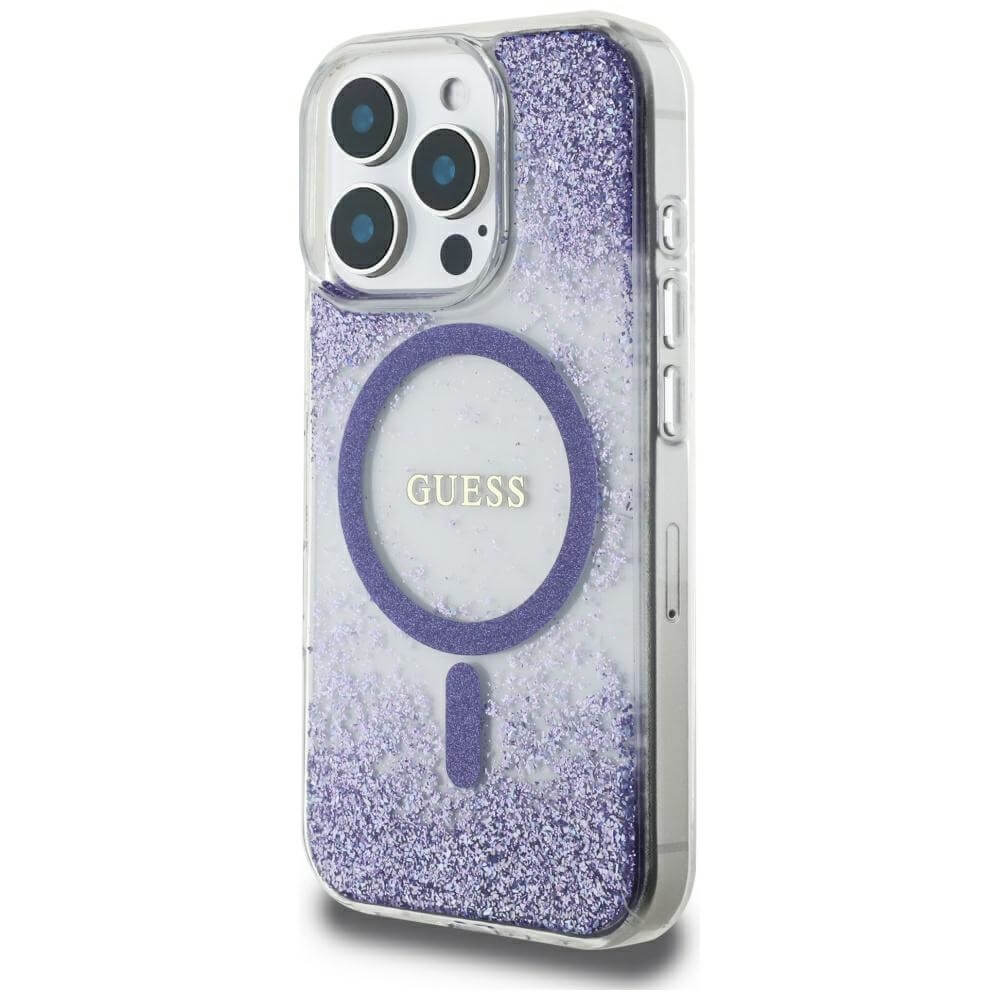 Guess iPhone 16 Pro - HC Resin Bottom Glitter - MagSafe Σκληρή Θήκη με Πλαίσιο Σιλικόνης - Purple - GUHMP16LRGRGEU
