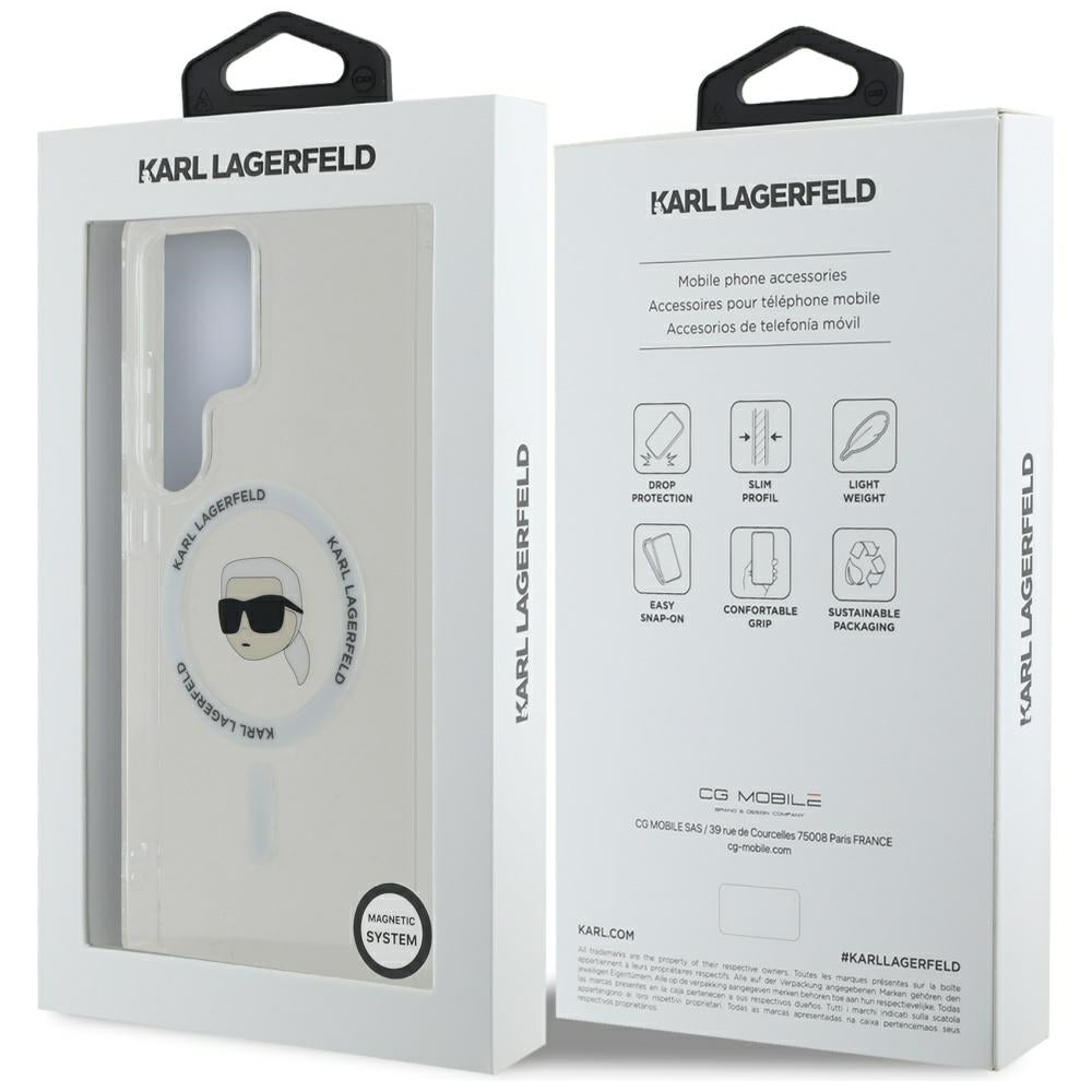 Karl Lagerfeld Samsung Galaxy S25 Ultra - Button Karl Head Printed Logo - MagSafe Σκληρή Θήκη με Πλαίσιο Σιλικόνης - White - KLHMS25LHLSKIH