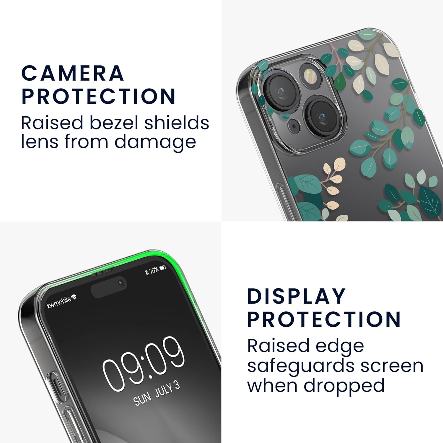 KW iPhone 15 Θήκη Σιλικόνης TPU με Αντιχαρακτικό Γυαλί - Design Spring Leaves - Green / Διάφανη