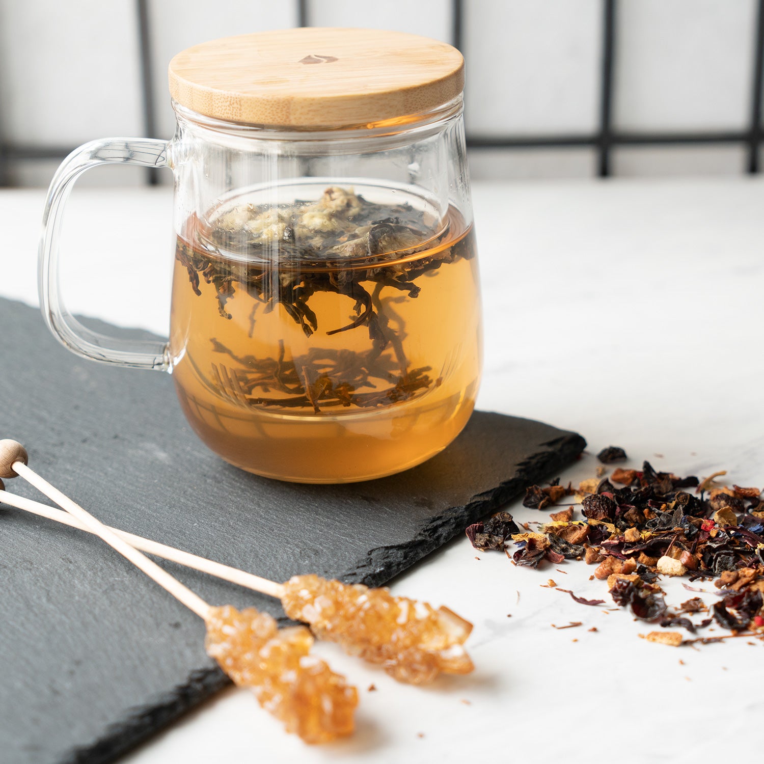 Navaris Tea Mug with Infuser and Bamboo Lid Κούπα για Τσάι με Καπάκι από Μπαμπού - 500ml - Clear - 50093.01