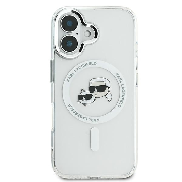 Karl Lagerfeld iPhone 16 Plus - IML Metal Karl and Choupette Head - Σκληρή Θήκη με Πλαίσιο Σιλικόνης και MagSafe - White - KLHMP16MHLSKCH