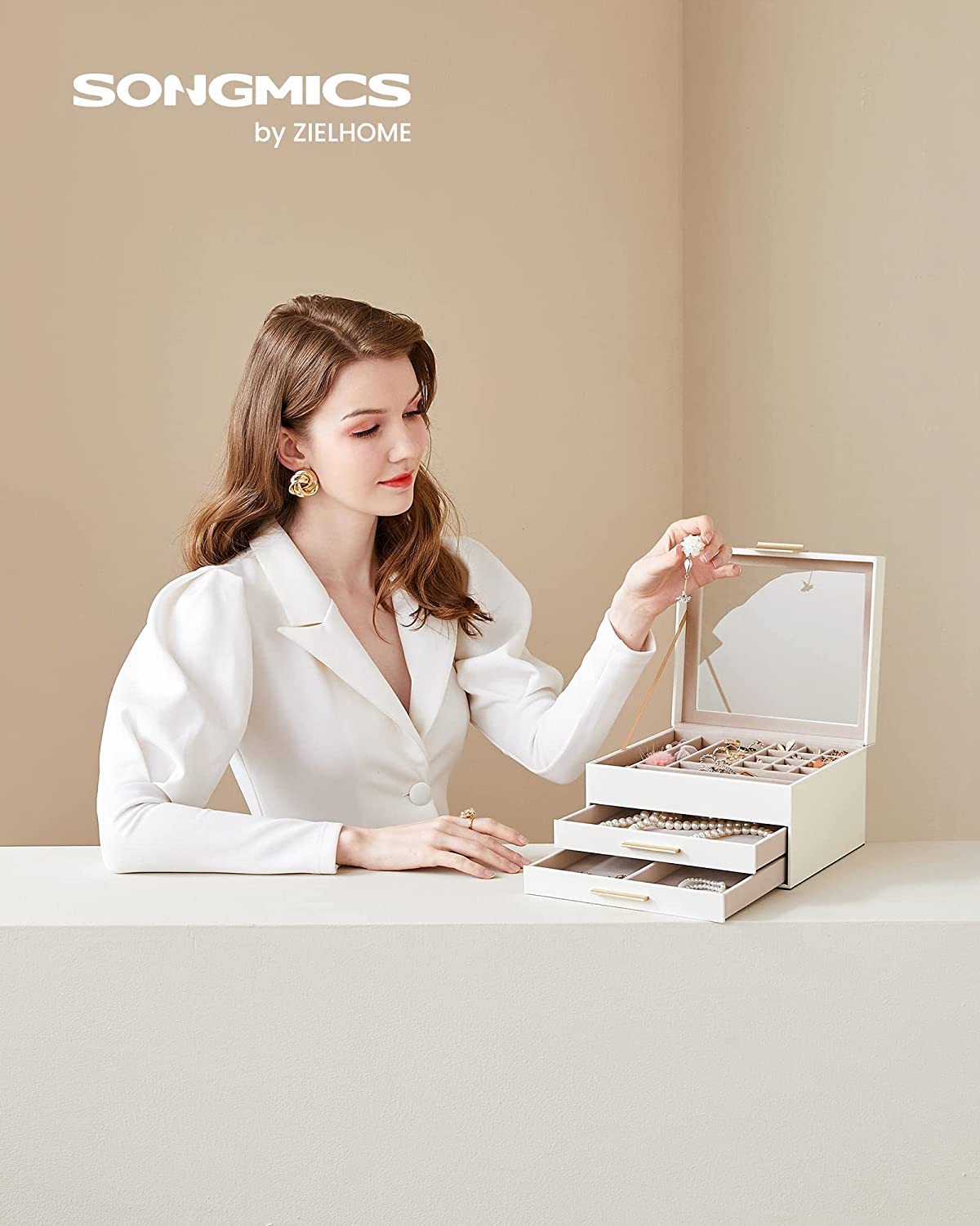 Songmics Κουτί Αποθήκευσης Κοσμημάτων με 3 Επίπεδα - White - JBC239WT