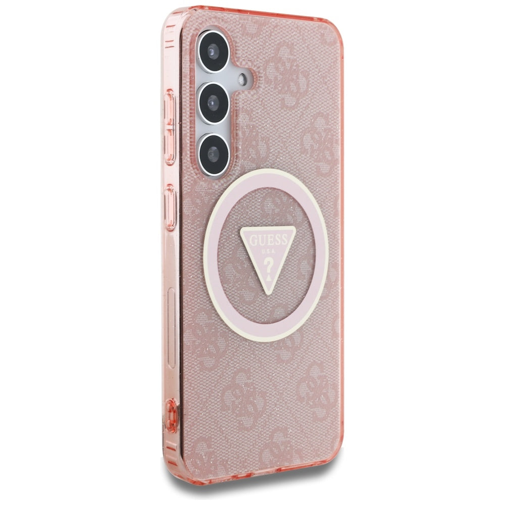 Guess Samsung Galaxy S25 - 4G Glitter Triangle Buttons - MagSafe Σκληρή Θήκη με Πλαίσιο Σιλικόνης - Pink - GUHMS25SHG4PRTGP