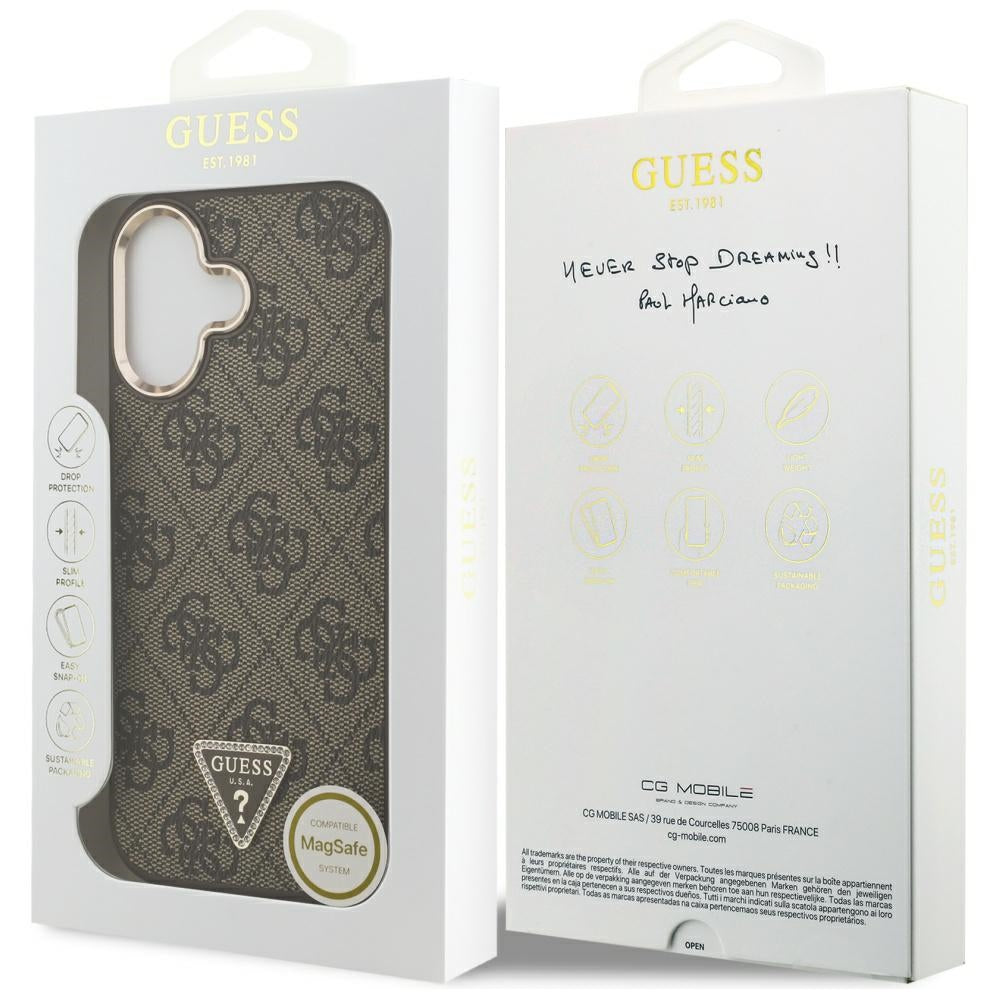 Guess iPhone 17 - 4G Triangle Strass Logo MagSafe - Σκληρή Θήκη με Επένδυση Συνθετικού Δέρματος - Brown / Gold - GUHMP17SP4GTDGMW
