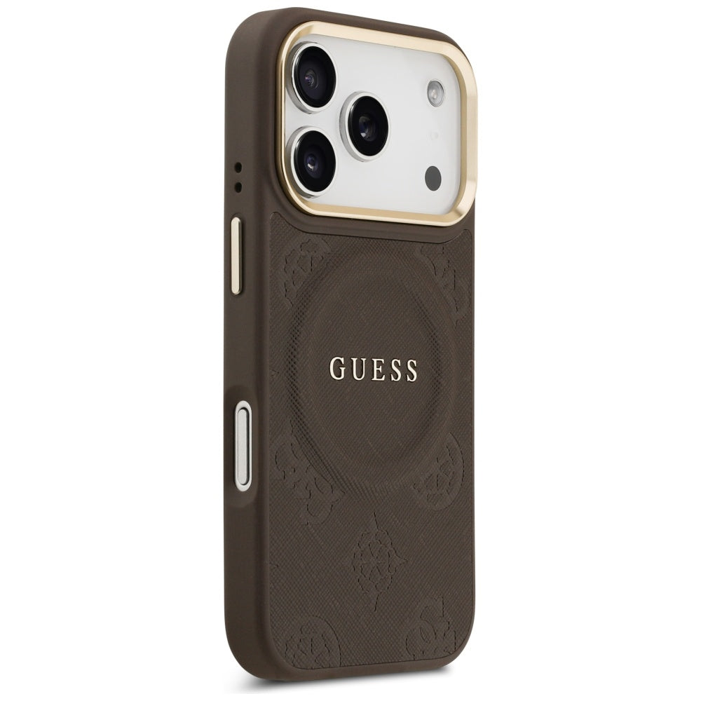 Guess iPhone 17 Pro - Peony Hot Stamp MagSafe - Σκληρή Θήκη με Επένδυση Συνθετικού Δέρματος - Brown - GUHMP17LPSAMSECW