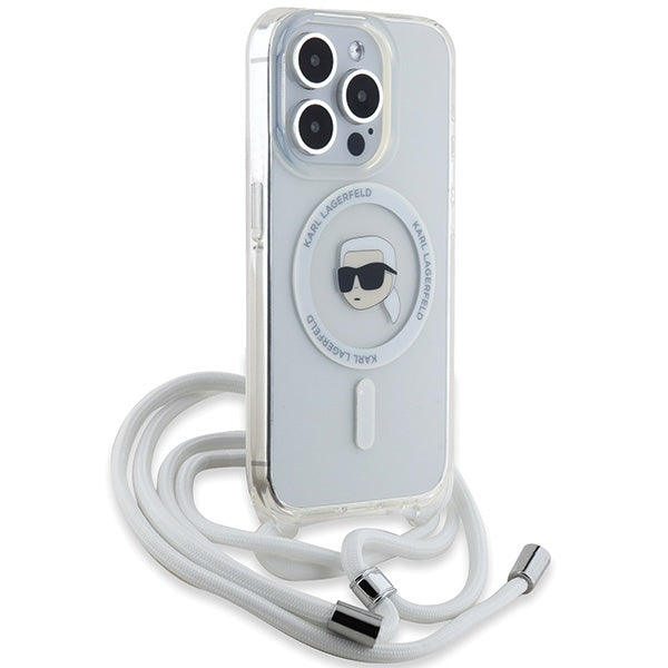 Karl Lagerfeld iPhone 15 Pro Max - Crossbody IML Karl Head - MagSafe Σκληρή Θήκη με Πλαίσιο Σιλικόνης και Λουράκι - Διάφανη - KLHMP15LHCKHNT