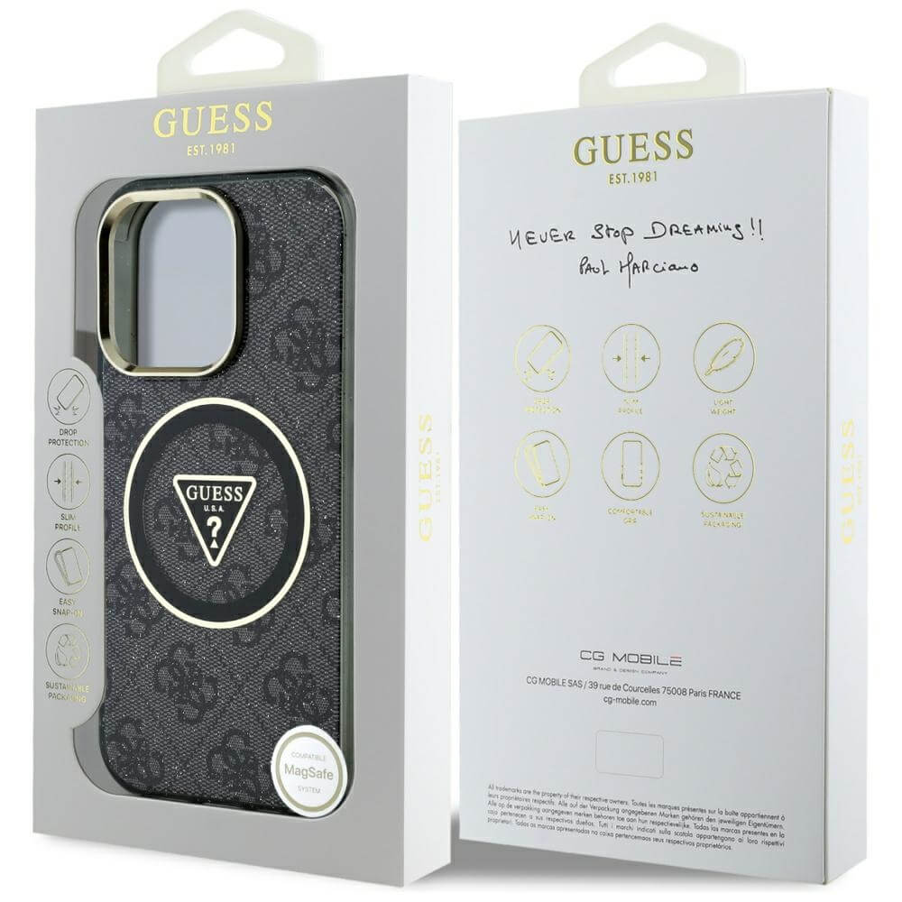Guess iPhone 16 Pro Max - IML Metal Glitter 4G Circle Triangle MagSafe - Σκληρή Θήκη με Πλαίσιο Σιλικόνης και MagSafe - Black - GUHMP16XHG4PRTGK