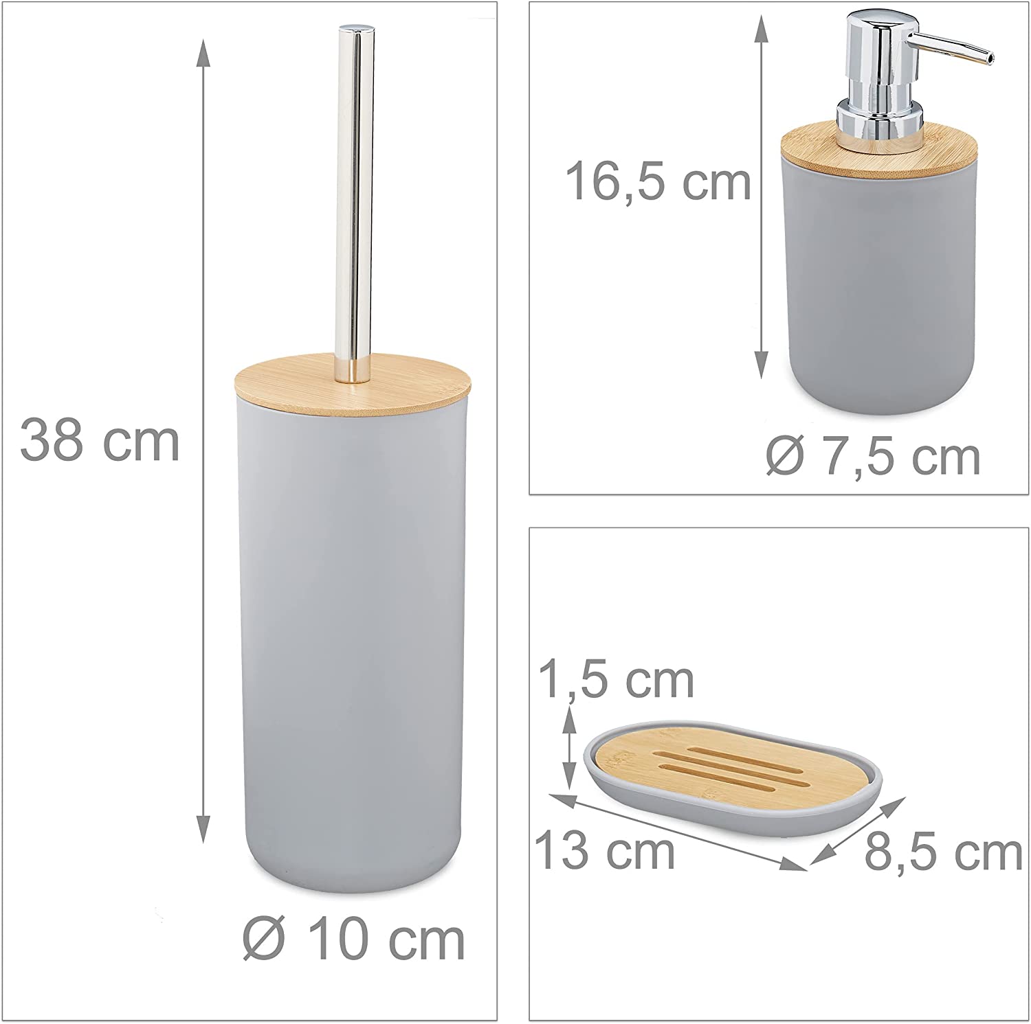 Relaxdays Αξεσουάρ Μπάνιου Σετ 6 Τεμαχίων από Πλαστικό και Μπαμπού - Grey / Light Brown - 4052025886493