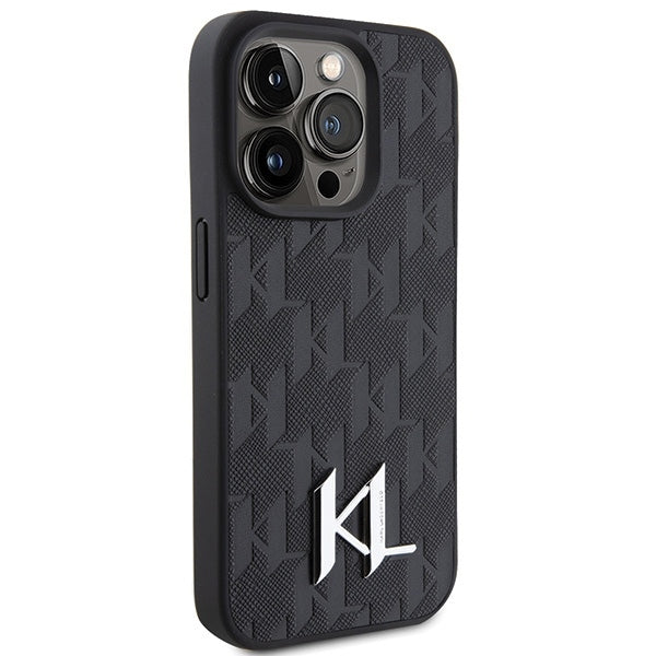 Karl Lagerfeld iPhone 15 Pro - Leather Monogram Hot Stamp Metal Logo Σκληρή Θήκη με Επένδυση Συνθετικού Δέρματος και Πλαίσιο Σιλικόνης - Black - KLHCP15PPKLPKLK