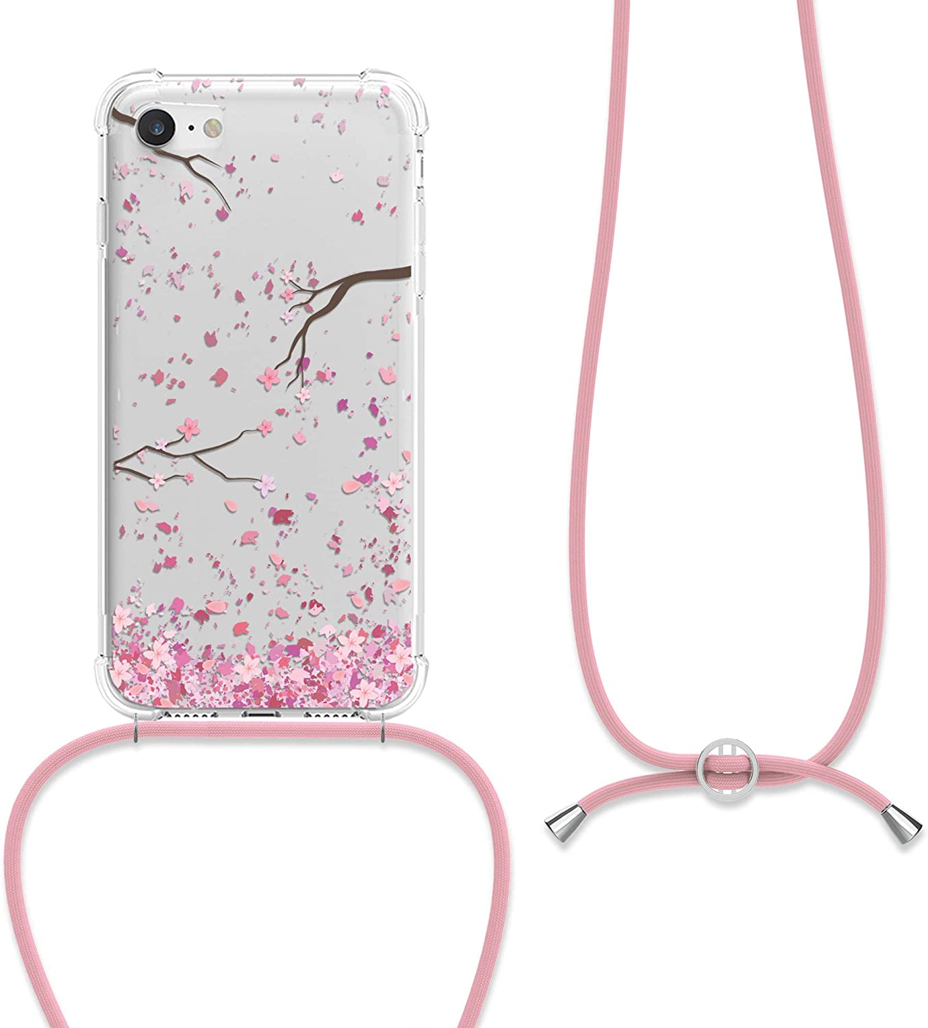 KW iPhone SE 2022 / SE 2020 / 7 / 8 Θήκη Σιλικόνης TPU με Λουράκι Design Cherry Blossoms - Διάφανη / Light Pink / Dark Brown - 48478.12