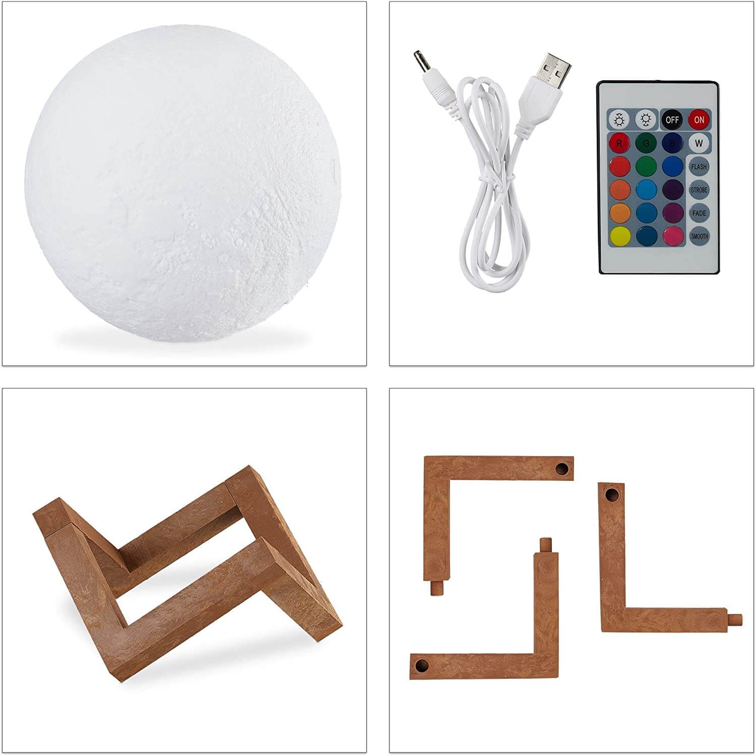 Relaxdays Φωτιστικό με Ξύλινη Βάση και Τηλεχειριστήριο - 3D Moon - White / Brown - 4052025265878