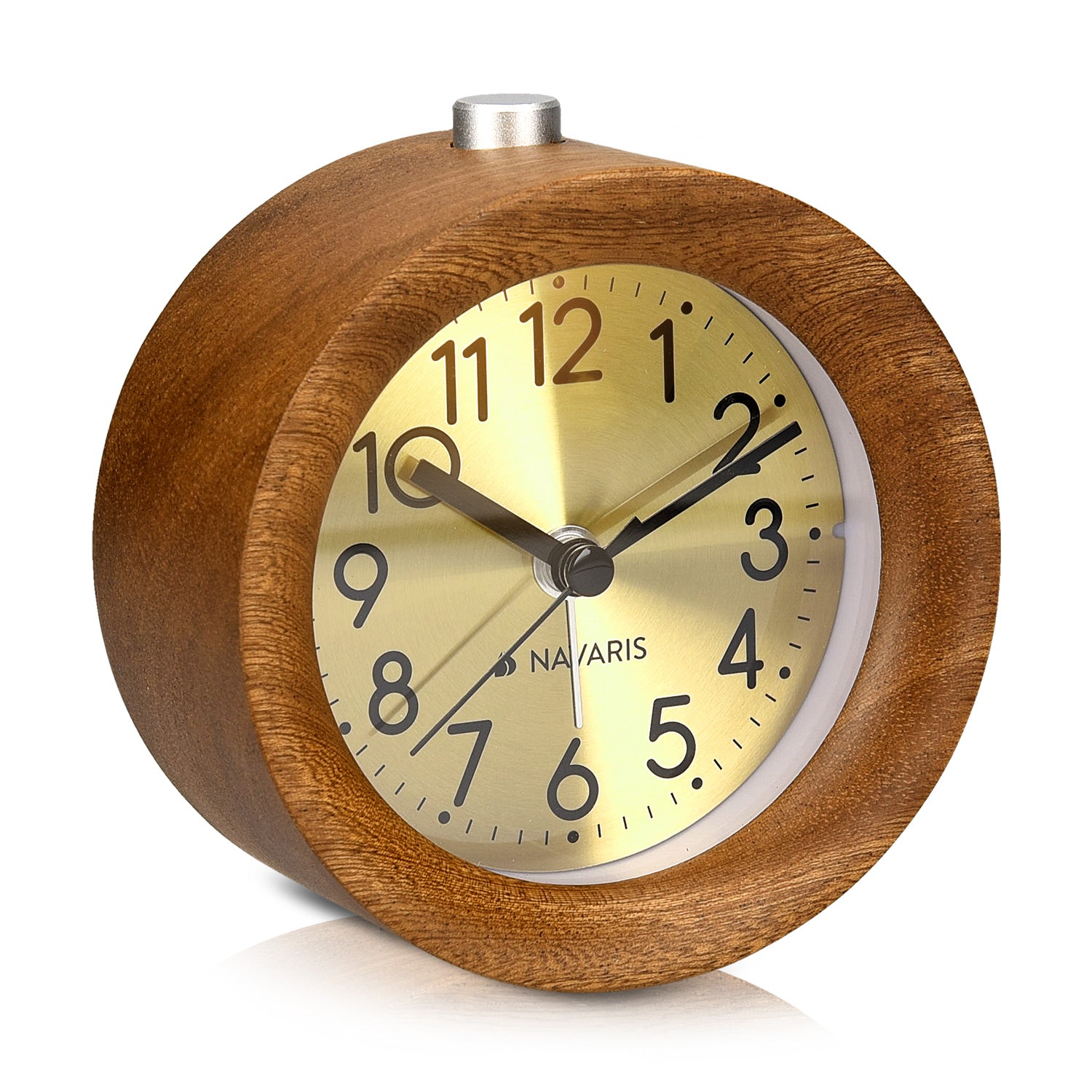 Navaris Analogue Wood Alarm Clock Design Round - Αναλογικό Επιτραπέζιο Ρολόι και Ξυπνητήρι - Gold / Dark Brown - 45470.18