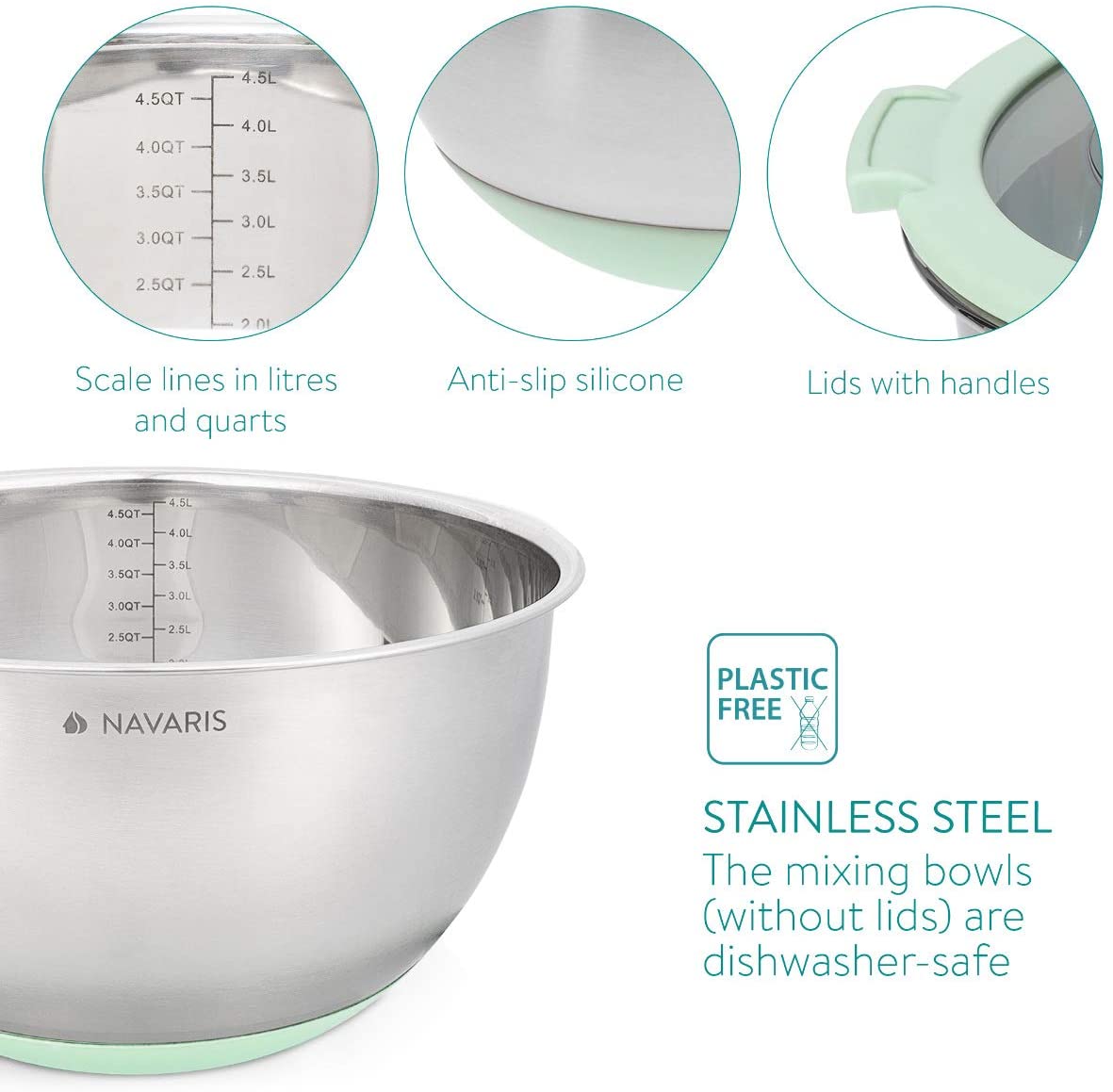 Navaris Σετ με 2 Μεταλλικά Δοχεία Φαγητού με καπάκι και 3 Τρίφτες - Mint Green - 49210.02.71