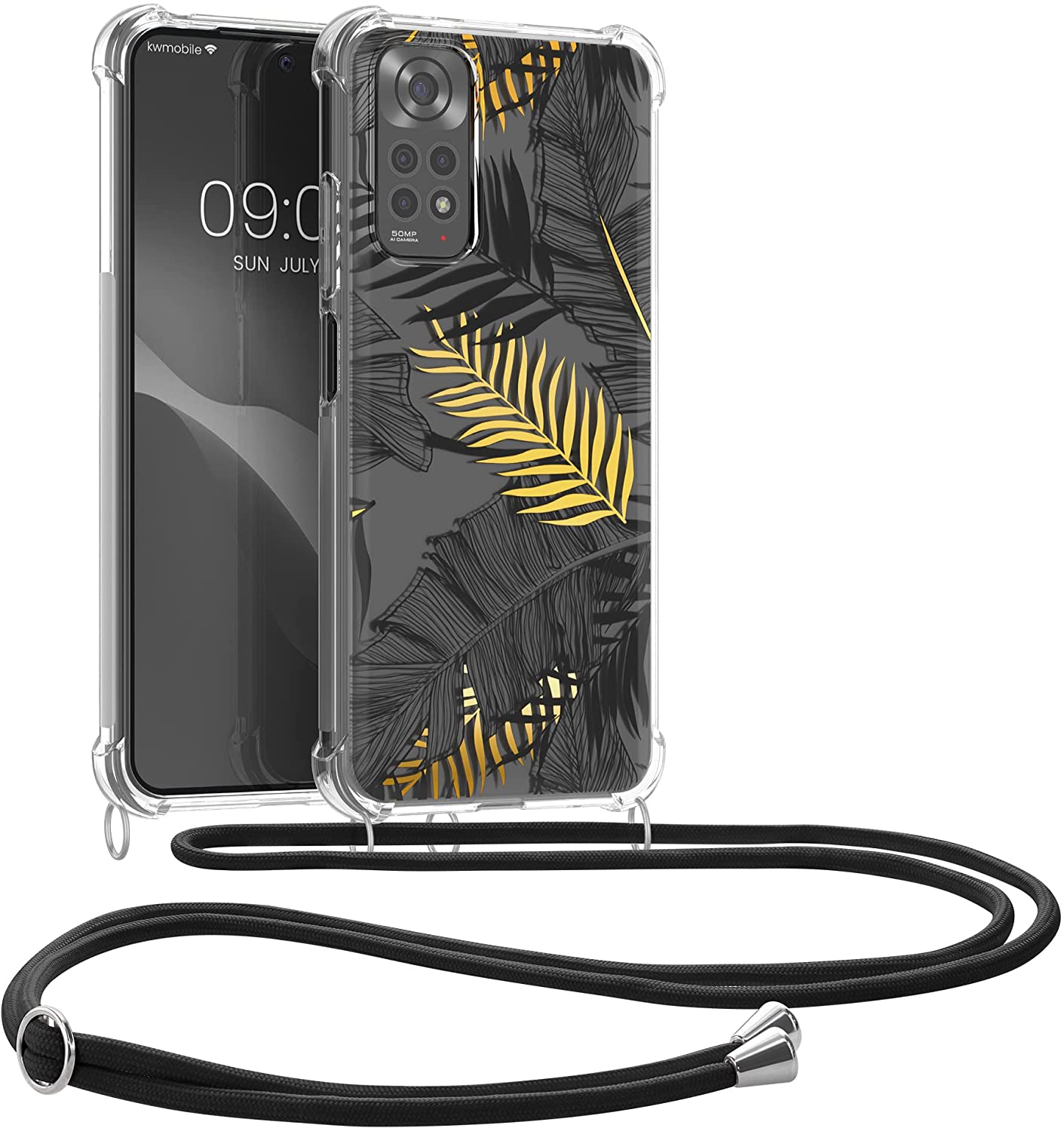 KW Xiaomi Redmi Note 11 / Redmi Note 11S Θήκη Σιλικόνης TPU με Λουράκι - Design Palm Leaves - Yellow / Grey - Διάφανη - 58196.02