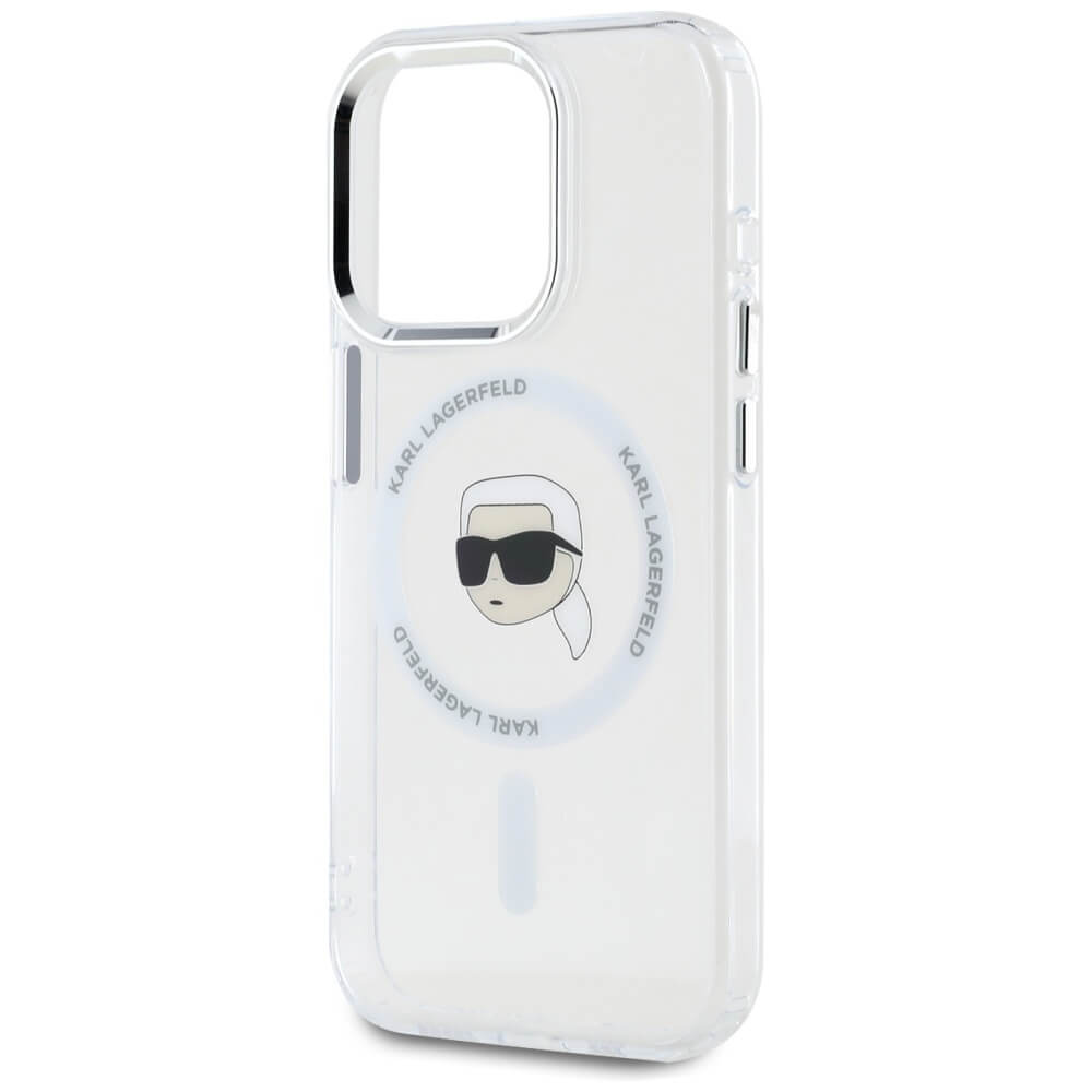Karl Lagerfeld iPhone 15 Pro Max - IML Metal Karl Head - MagSafe Σκληρή Θήκη με Πλαίσιο Σιλικόνης - White - KLHMP15XHLSKIH