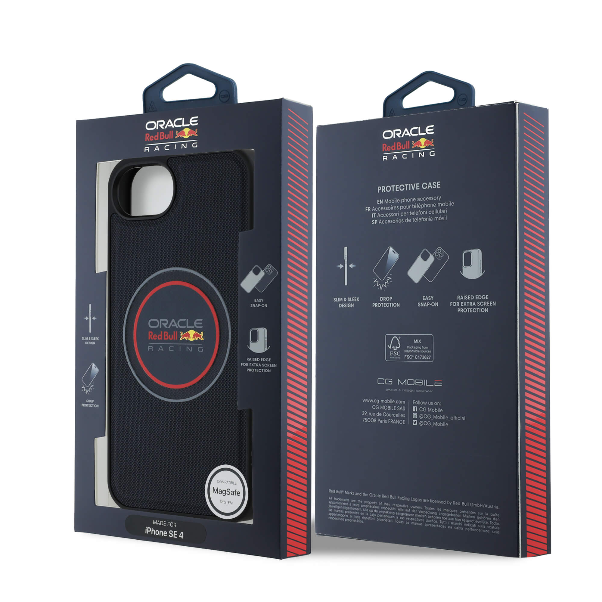 Red Bull iPhone 16e - Meshed Logo and Red Ring - MagSafe Σκληρή Θήκη με Επένδυση Συνθετικού Δέρματος και Πλαίσιο Σιλικόνης - Navy Blue - RBHMPSE424PUMEVR